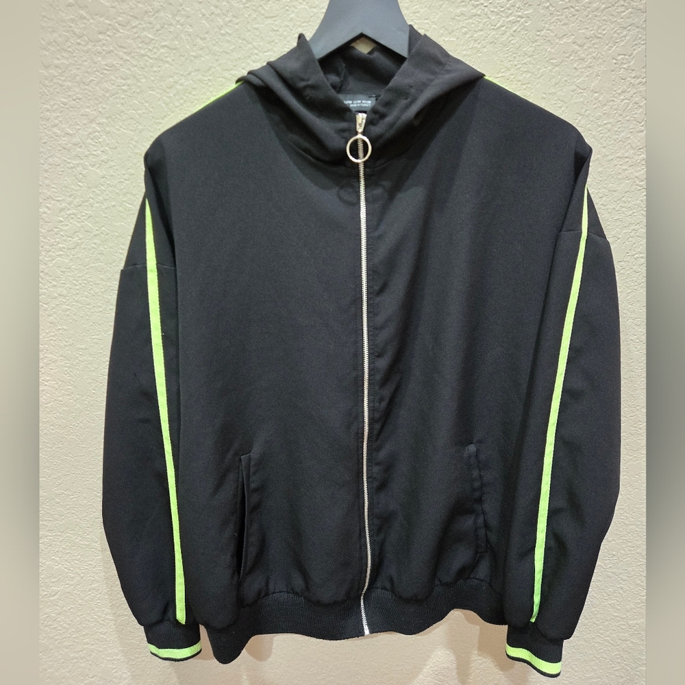 Zara Black Zip Up Hoodie with Neon Green Accents Medium Y2K Style